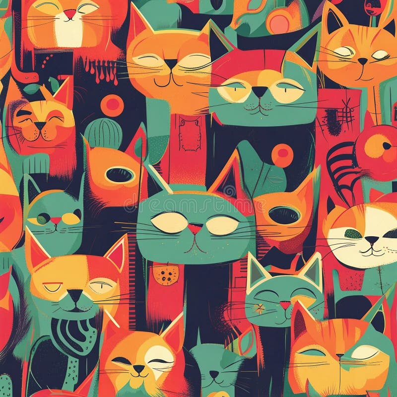 Colorful Cute Cat Art Illustration Stock Illustration - Illustration of ...